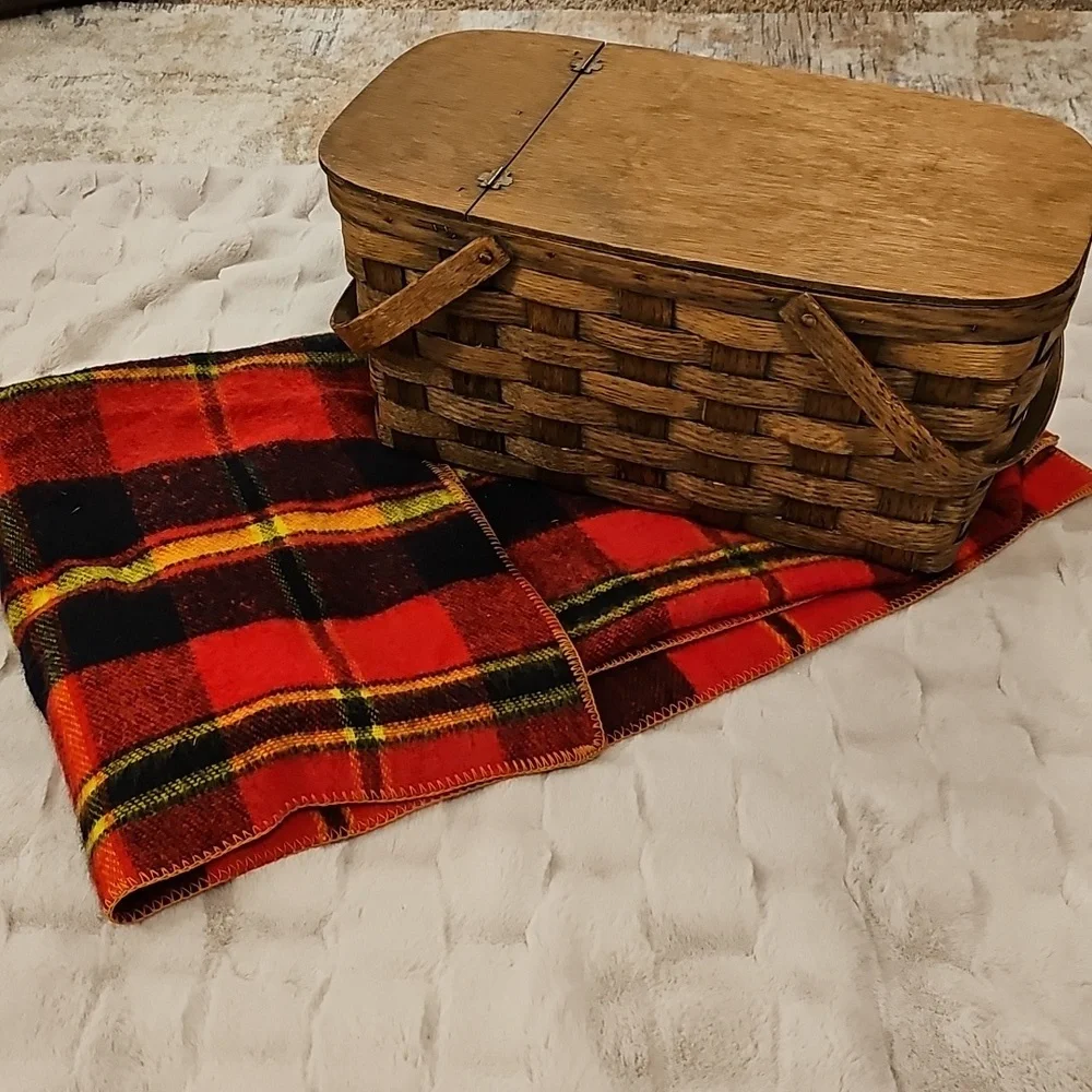 Vintage Red, Black, Yellow Tartan Plaid Wool Throw Camping Decor Blanket WPL1675